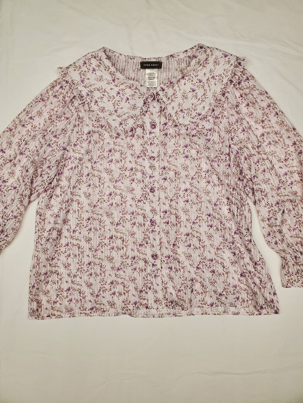 Sans Souci Purple Floral Ruffle Collar Blouse Size L Long Sleeve Shimmer